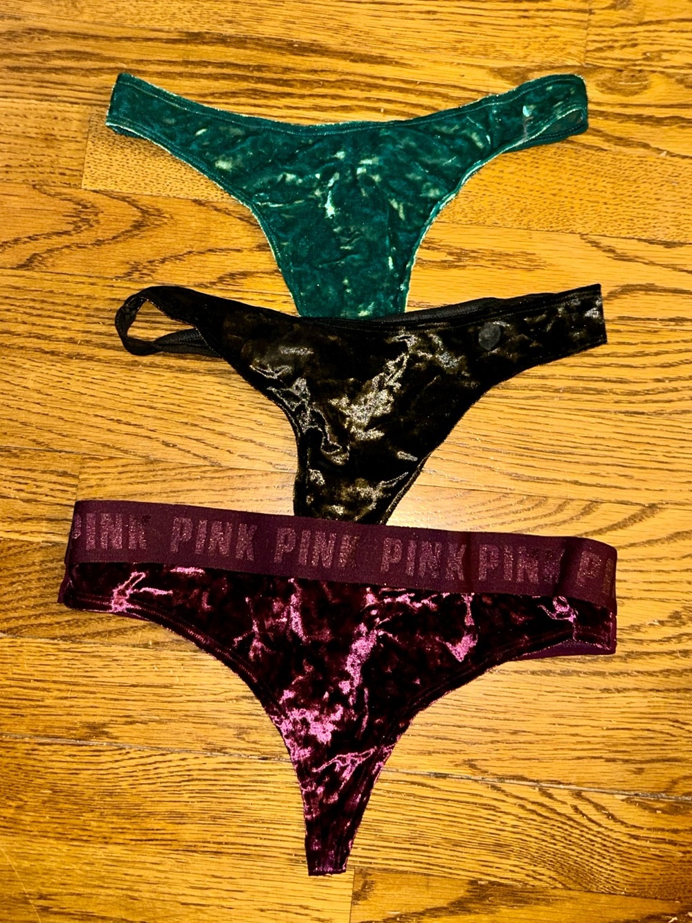 Victoria’s Secret PINK Velvet Thong bundle of 3; Green, Black & Burgundy
